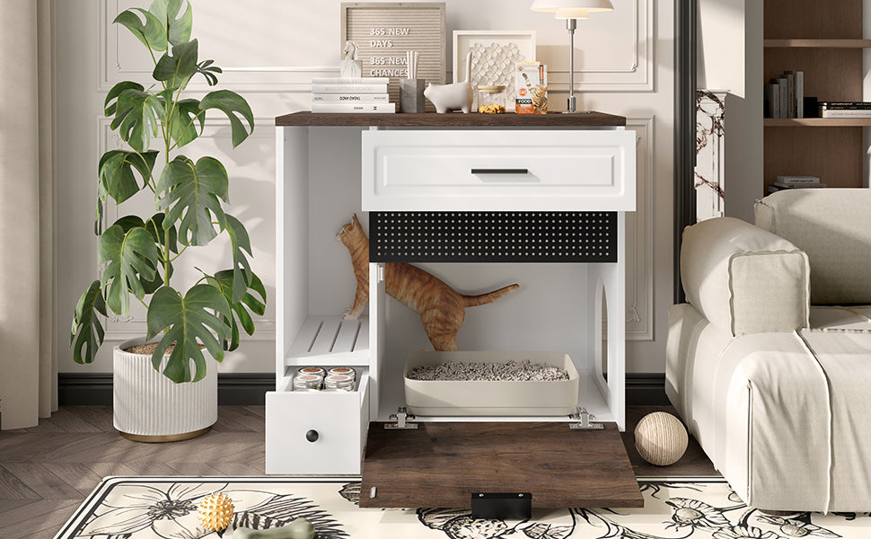 Cat Litter Box Enclosure, Indoor Hidden Cat Litter Box Furniture with 2 Drawers and Door, Cat House End Table for Living room, White and Brown