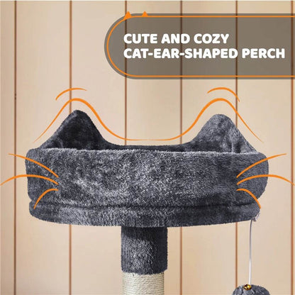 Dark gray cat-ear-shaped plush perch atop a sisal-wrapped post from the Renwick Large Cat Tree Tower.