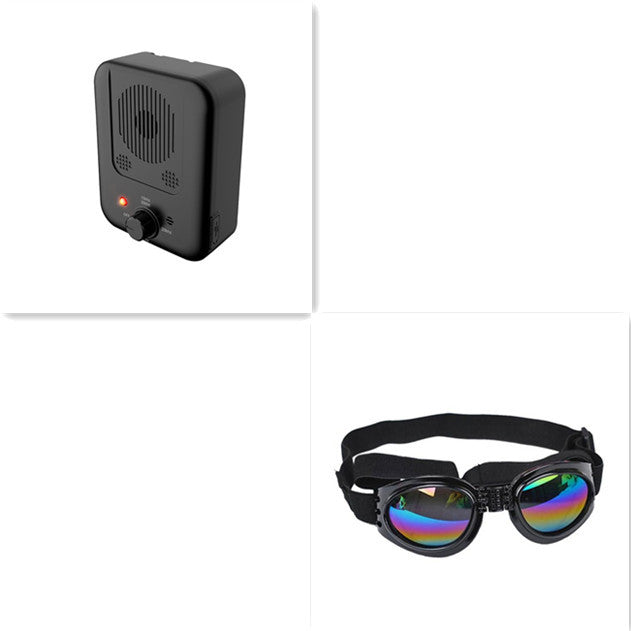 Purrfect Pet Kingdom ultrasonic bark device and dog goggles with rainbow lenses and adjustable black strap.