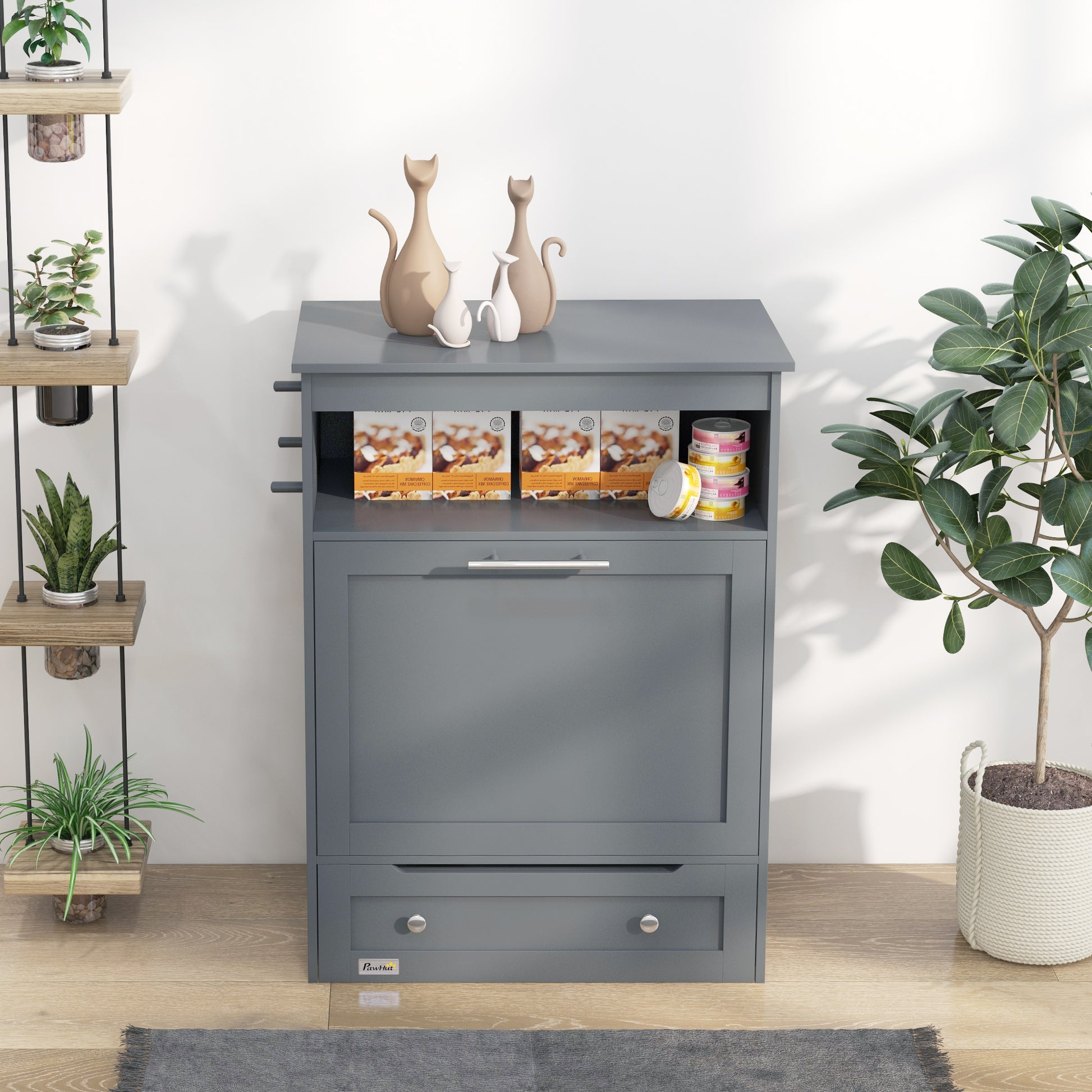 Grey wooden pet feeder station with tilt-out storage bin, open shelf, and bottom drawer for bowls.