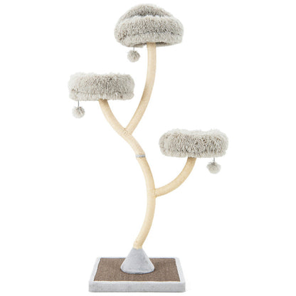 Max & Rex 70" cat tree with curved sisal branches, three levels of grey plush perches, and hanging pom-pom toys.