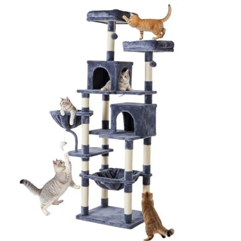 Large 71-inch multi-story cat tree tower in dark grey by Purrfect Pet Kingdom, perfect for climbing and playing.