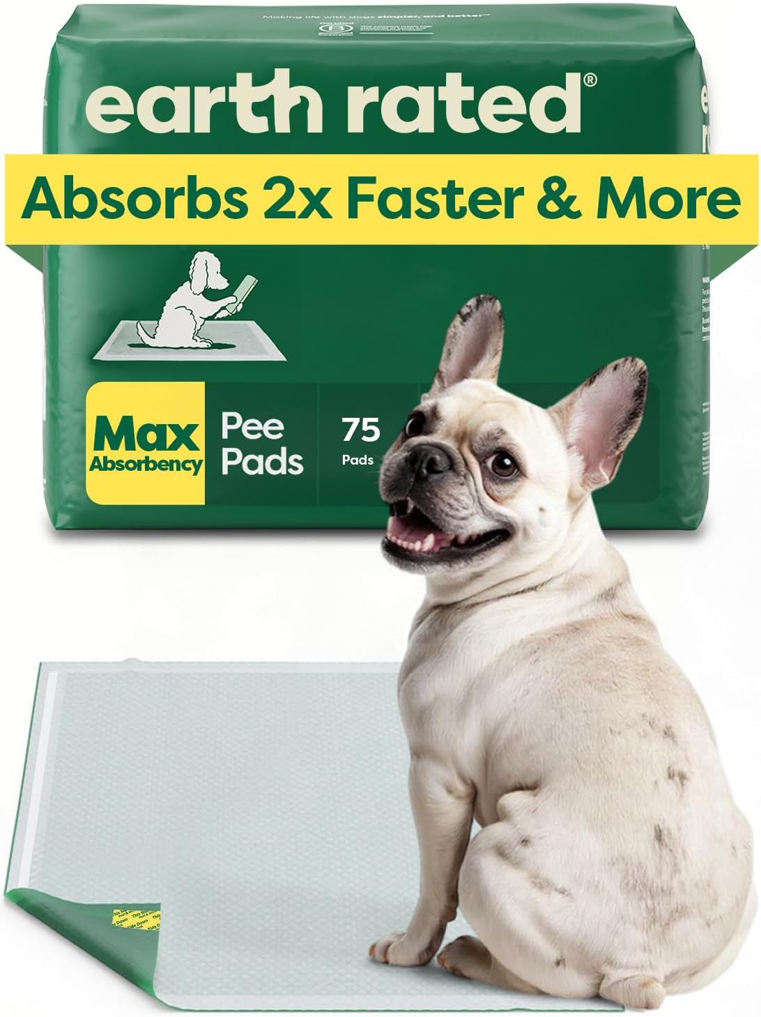 Earth Rated Max Absorbency Puppy Pee Pads for Dogs Absorbs 2X Faster & 2X More, Leak-Proof, Odor Control Potty Training, Unscented, Large, 22” x 23”, 40 Count