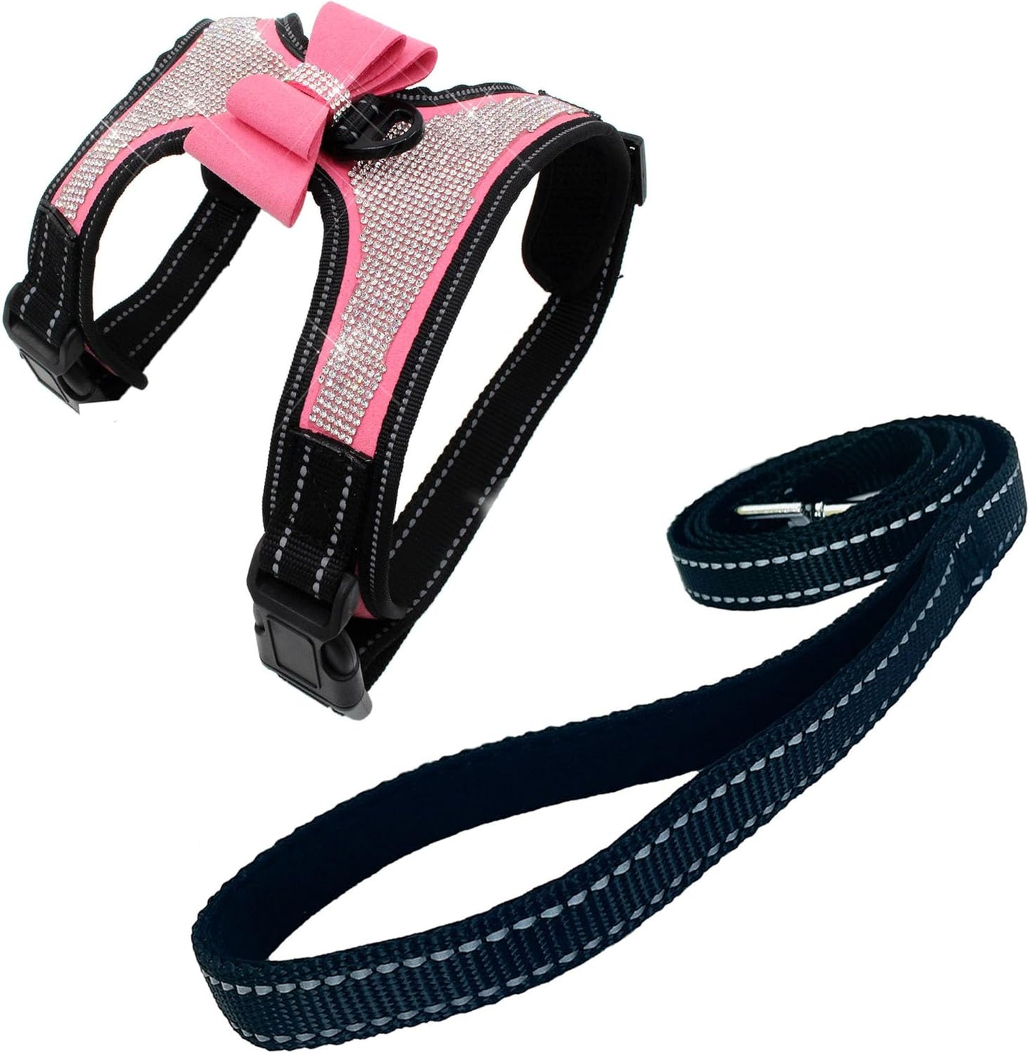 Dog Harness+Leash Sets with Rhinestones – Sparkly Bowknot & Reflective Trim