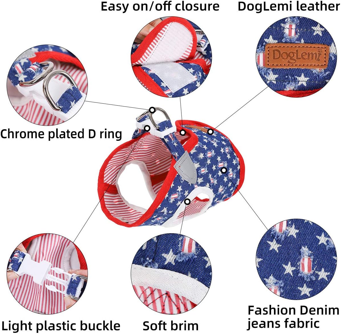 Denim Dog Harness with Star Print & Secure Buckle