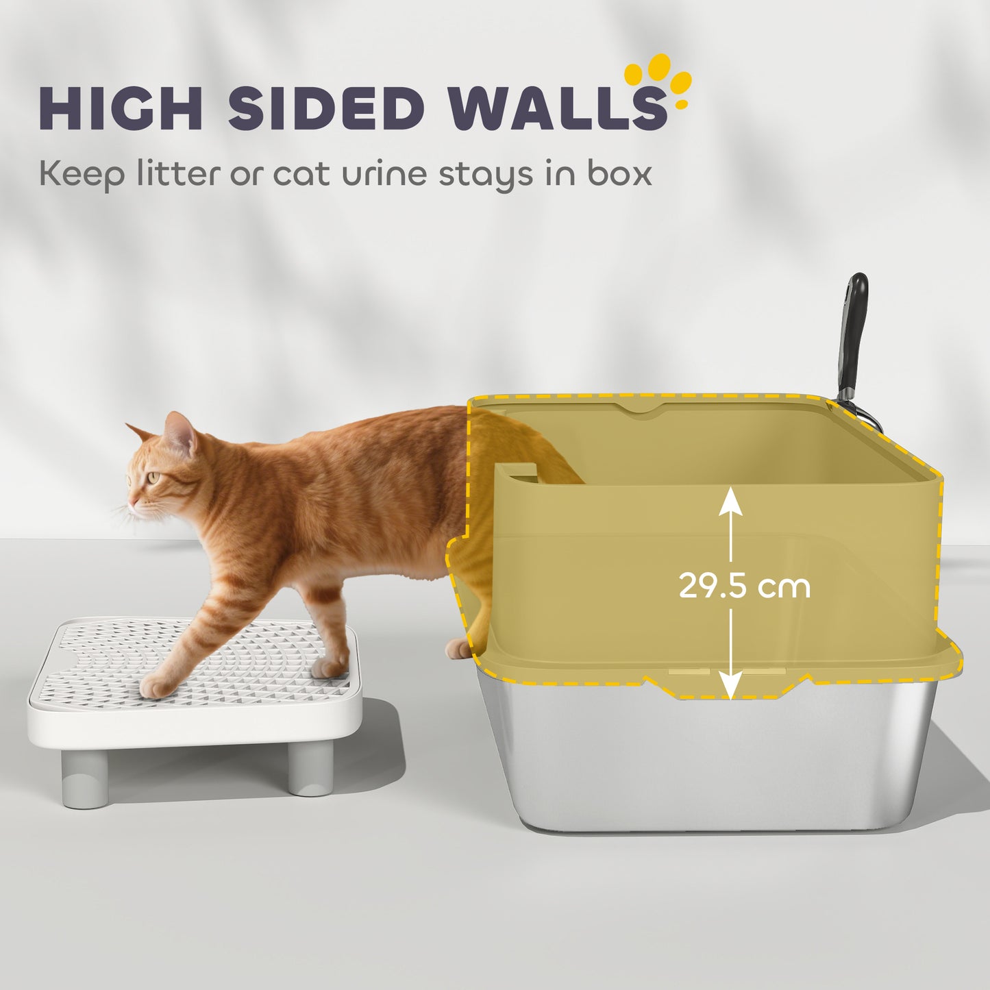 Stainless Steel Litter Box - High Sided Metal Box with Scoop