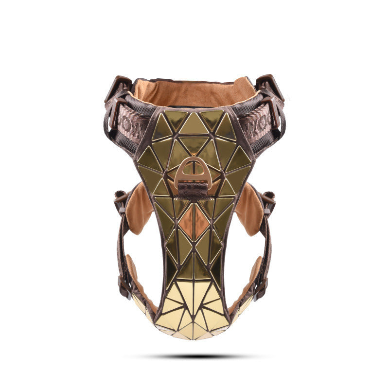 FLIPSTYLEZLLC brown leather dog harness with gold geometric sequins, adjustable straps, and a metal D-ring.