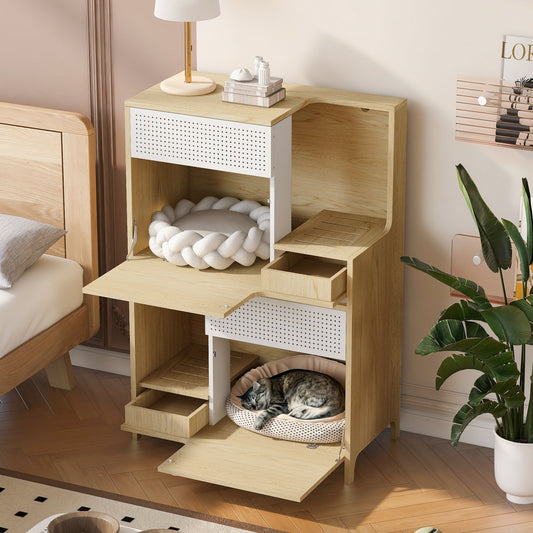 Furniture Style Multi-Use Natural Cat Litter Box House with