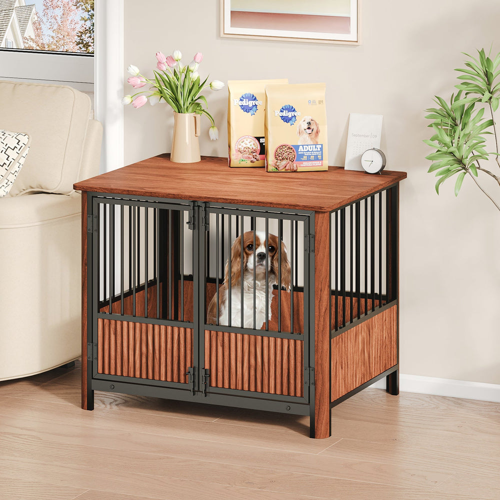 31.5'' Walnut Fluted Wood Furniture Style Dog Crate for