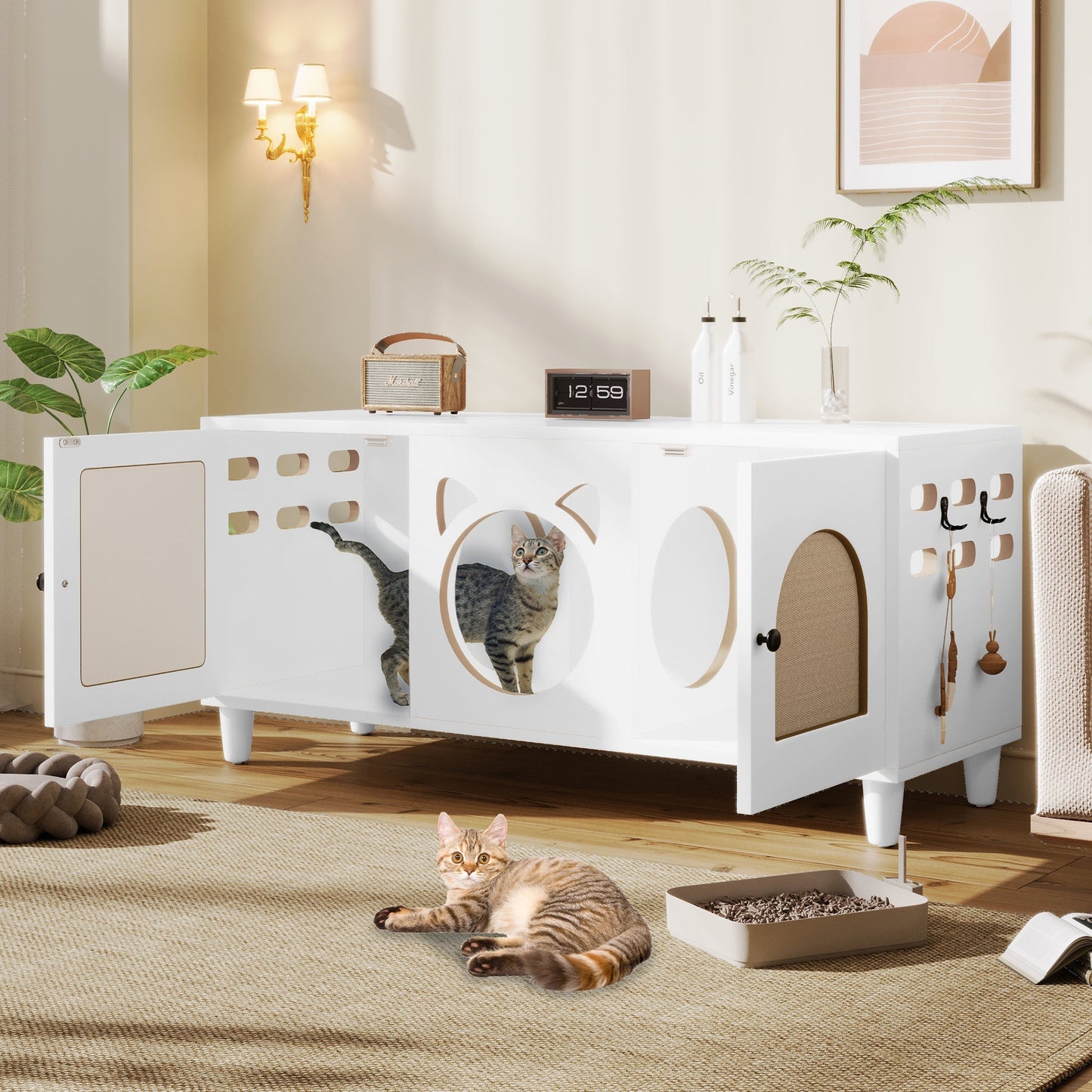 Furniture Style Cat Cabinet Cream White Cat Litter Box