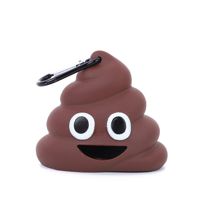 Brown silicone poop emoji bag dispenser with smiling face and black carabiner by Purrfect Pet Kingdom.