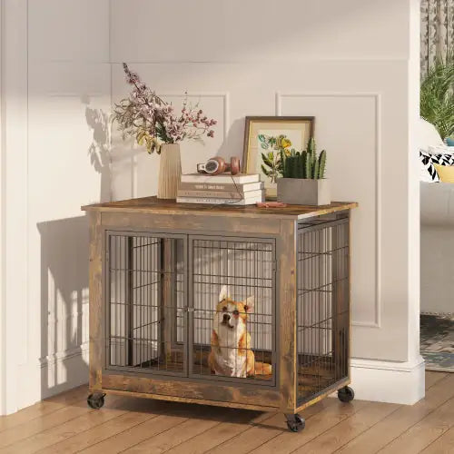Rolling Rustic Brown Dog Crate Table with Double Doors - Ameraeon