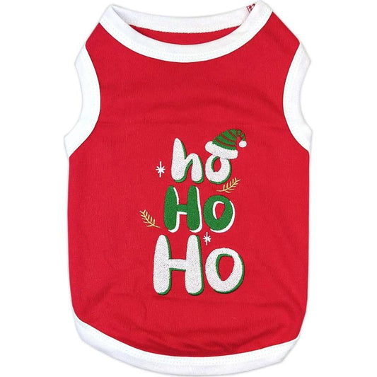 Ho Ho Ho Christmas Holiday Red Embroidered Dog T Shirt