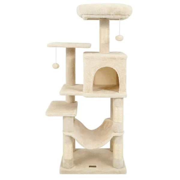 44-Inch Multi-Level Cat Tree Tower with Plush Top Perch Bed by Purrfect Pet Kingdom; beige condo, hammock, sisal posts.