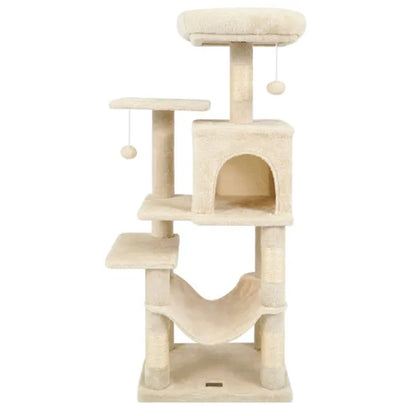 44-Inch Multi-Level Cat Tree Tower with Plush Top Perch Bed by Purrfect Pet Kingdom; beige condo, hammock, sisal posts.
