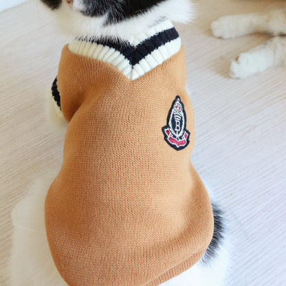 American College Style Fleece Cat Knit Sweater Sleeveless