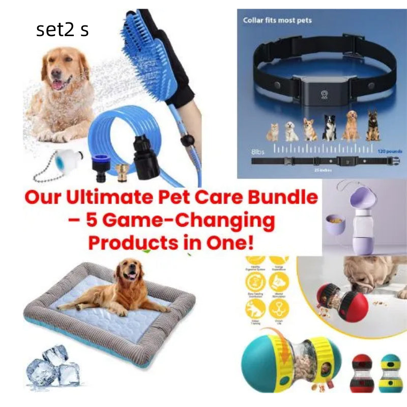 Estely bundle: blue quilted ice silk mat with striped border, grooming glove, collar, water bottle, and treat toys.
