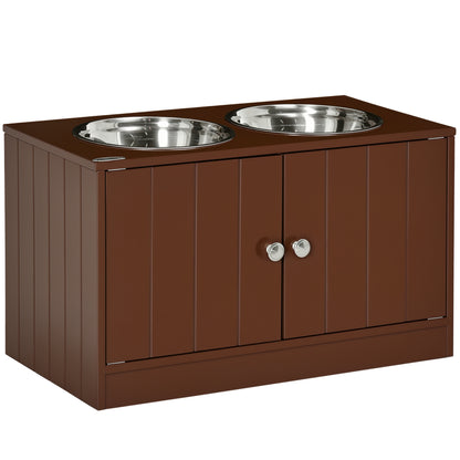 Brown wood elevated feeder cabinet with two stainless steel bowls and silver knobs by Purrfect Pet Kingdom.