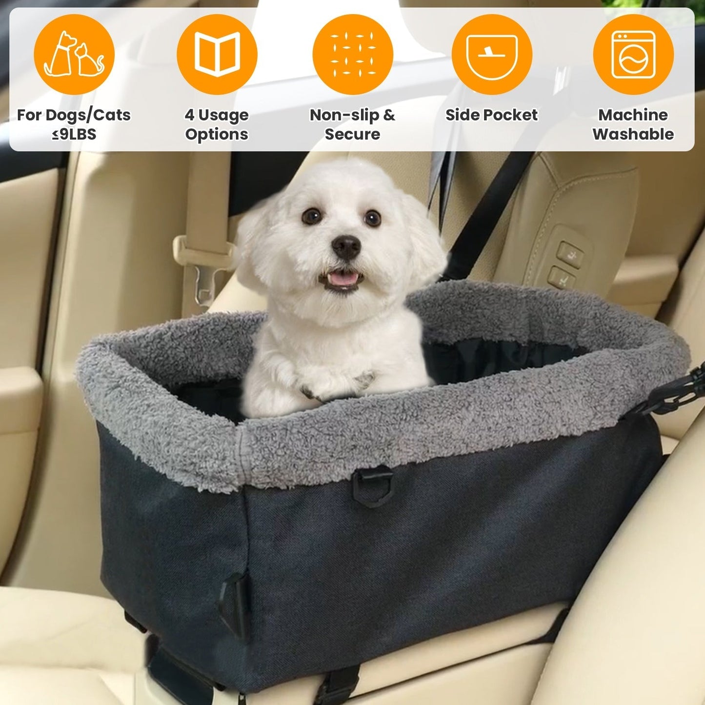 Small Dog Car Seat with Harness Center Console Pet Booster