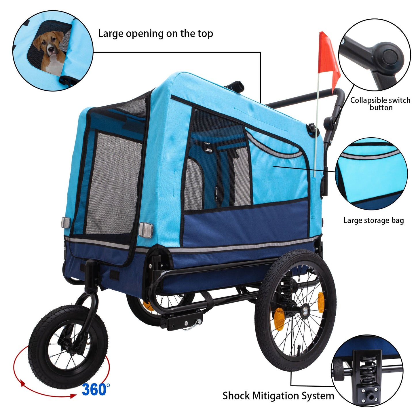 Heavy Duty Pet Stroller - Foldable Utility Bicycle Trailer