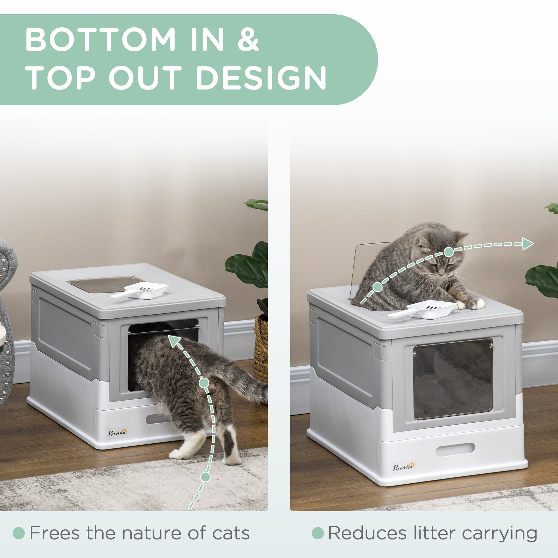 Purrfect Pet Kingdom gray and white plastic cat litter box with front entry, top exit, and pull-out litter drawer.