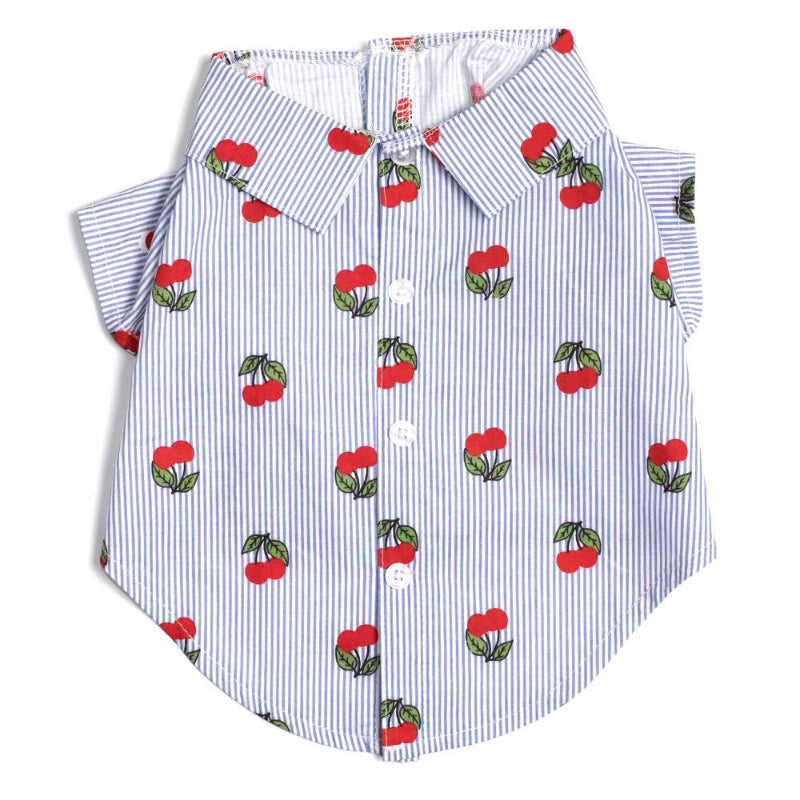 Cherries Striped Blue & White Collared Dog Shirt