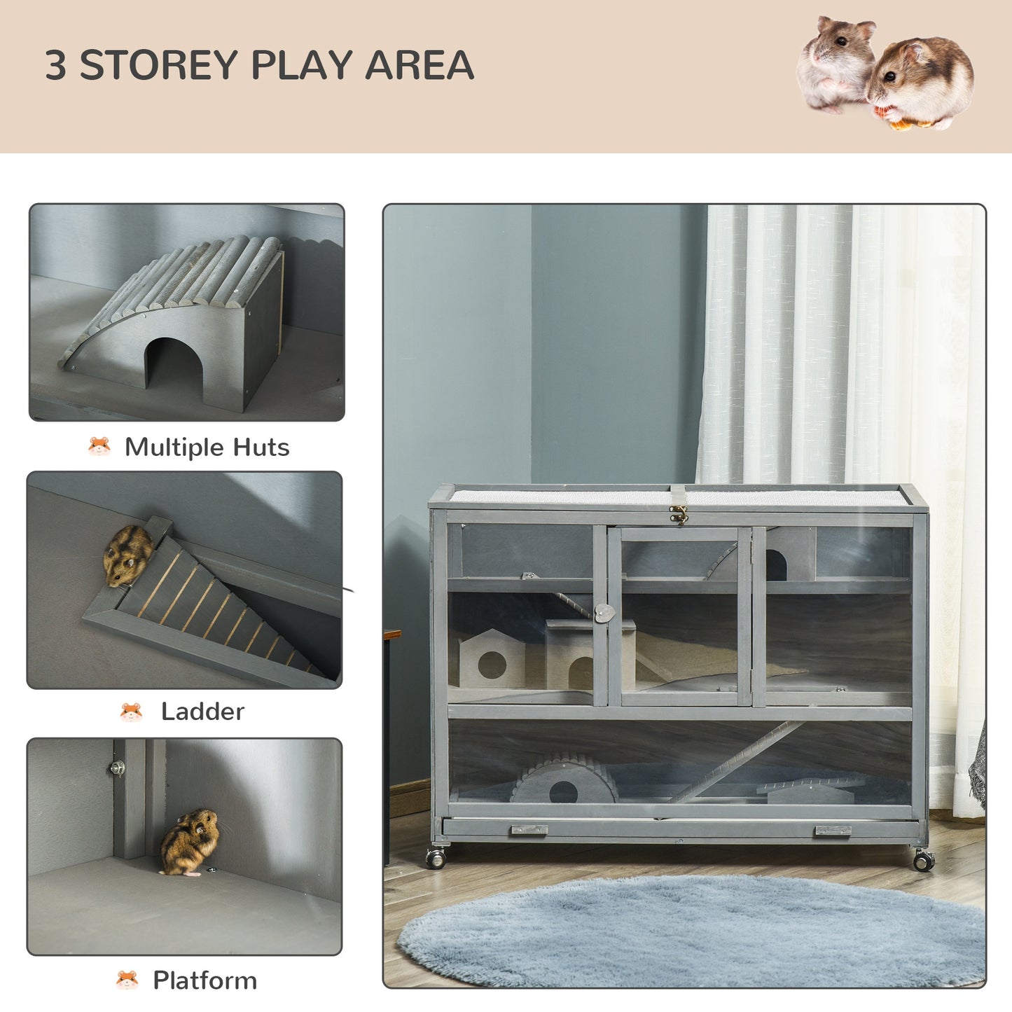 3-Tier Hamster Cage Hutch Box with Ladder Wheels for Small Animals