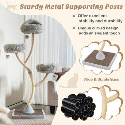 Max & Rex 70" metal cat tree with three curved sisal branches, grey plush perches, and a sturdy square base.