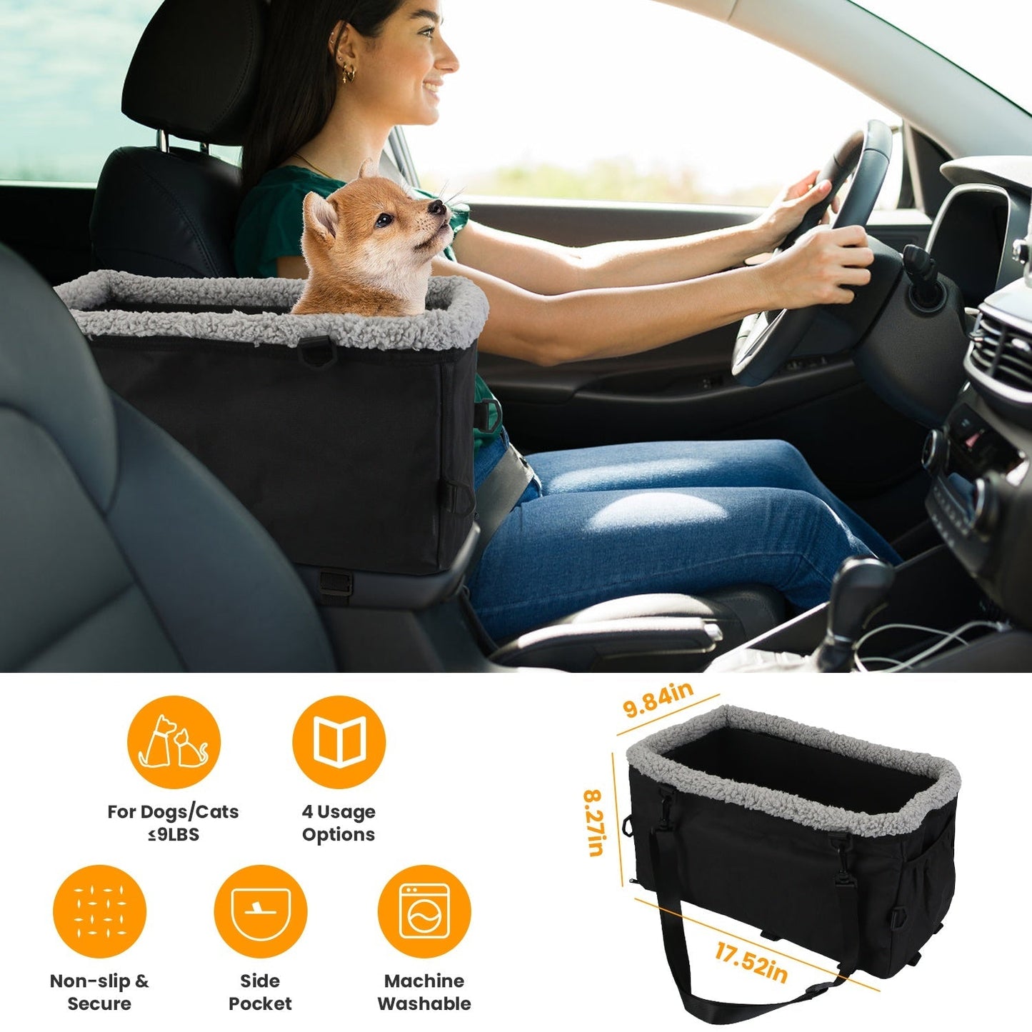 Small Dog Car Seat with Harness Center Console Pet Booster