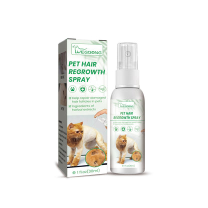 Purrfect Pet Kingdom Hair Growth Spray: White 30ml bottle and box with green text and cat hair regrowth photos.