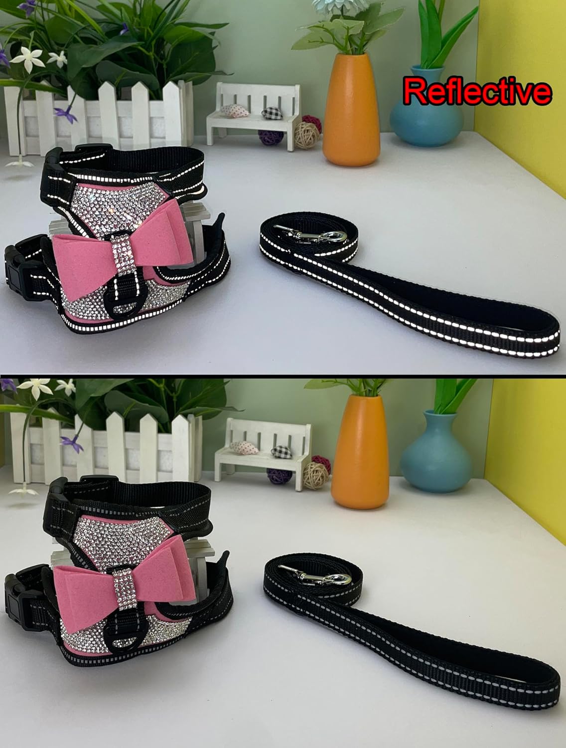 Dog Harness+Leash Sets with Rhinestones – Sparkly Bowknot & Reflective Trim