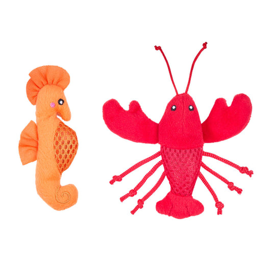 Seahorse and Lobster Mesh Mates Plush Cat Toy Set - 2 Pack