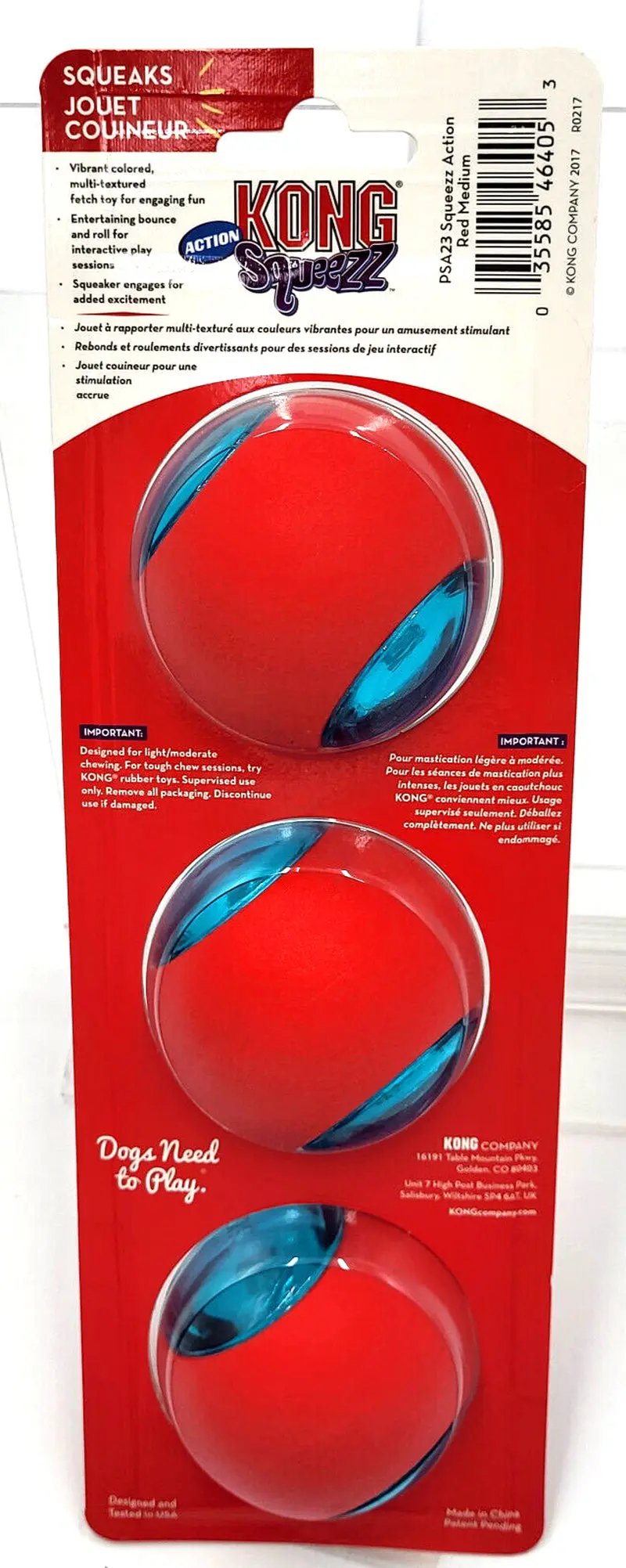 KONG Squeezz Action Ball Medium Red 3 Pack Textured Squeaky Toy