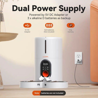 Dual power supply system with 5V DC adapter and battery backup on a neutral background