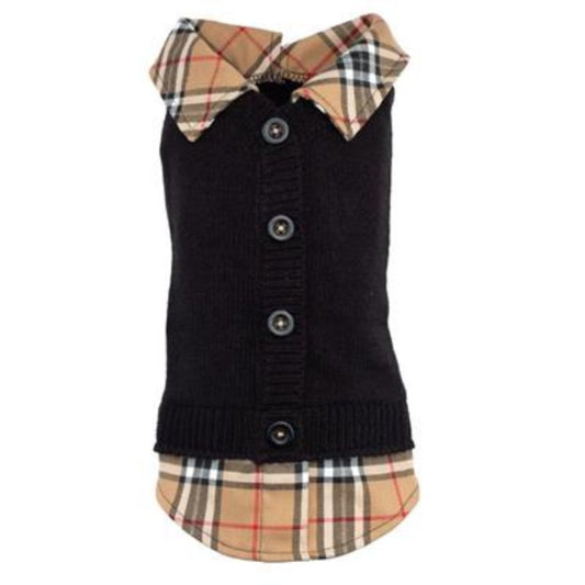 Tan Plaid Layered-Look Cardigan Dog Sweater