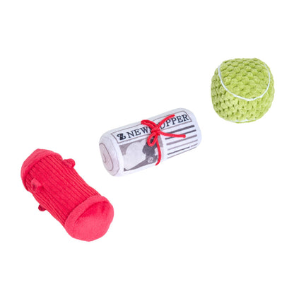 Dog's Best Friends Miniz Tennis Ball, Fire Hydrant, Newspaper Plush Dog Toy Set - 3 Pack