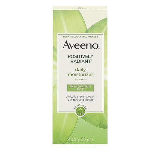 Aveeno Positively Radiant Daily Facial Moisturizer With Broad Spectrum SPF 30 Sunscreen & Total Soy Complex For Even Tone & Texture, Hypoallergenic, Oil-Free & Non-Comedogenic, 2.5 Fl. Oz