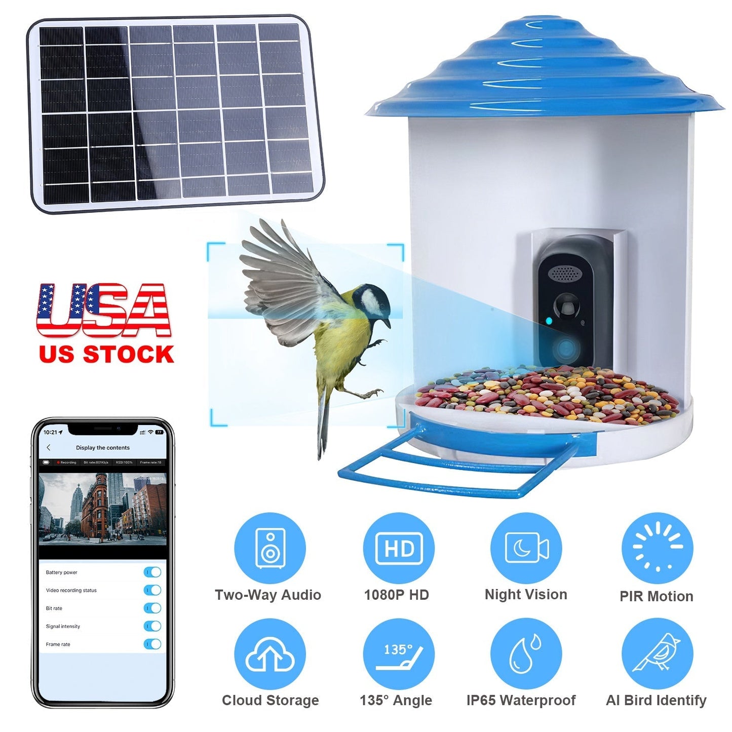 Smart Bird Feeder with Solar Powered Camera 1080P HD AI Identify PIR Motion Auto Capture Video Cloud Card Storage WiFi Connection App Control IP65 Wat