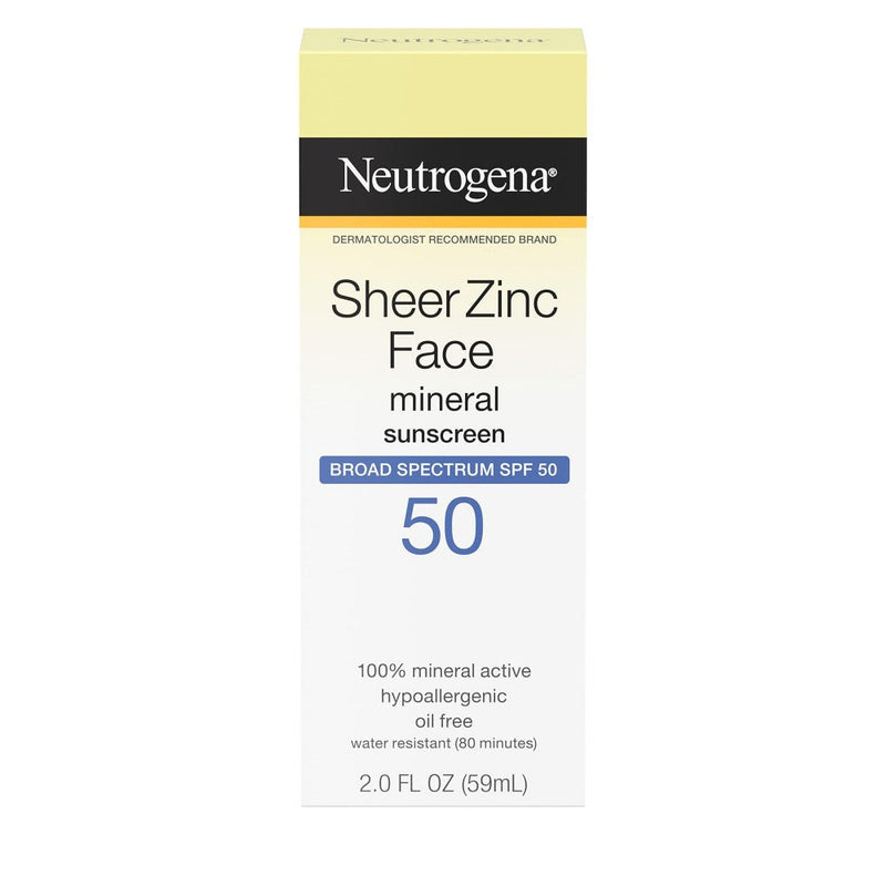 Neutrogena Sheer Zinc Oxide Dry-Touch Mineral Face Sunscreen Lotion With Broad Spectrum SPF 50, Oil-Free, Non-Comedogenic & Non-Greasy, Hypoallergenic, 2 Fl. Oz