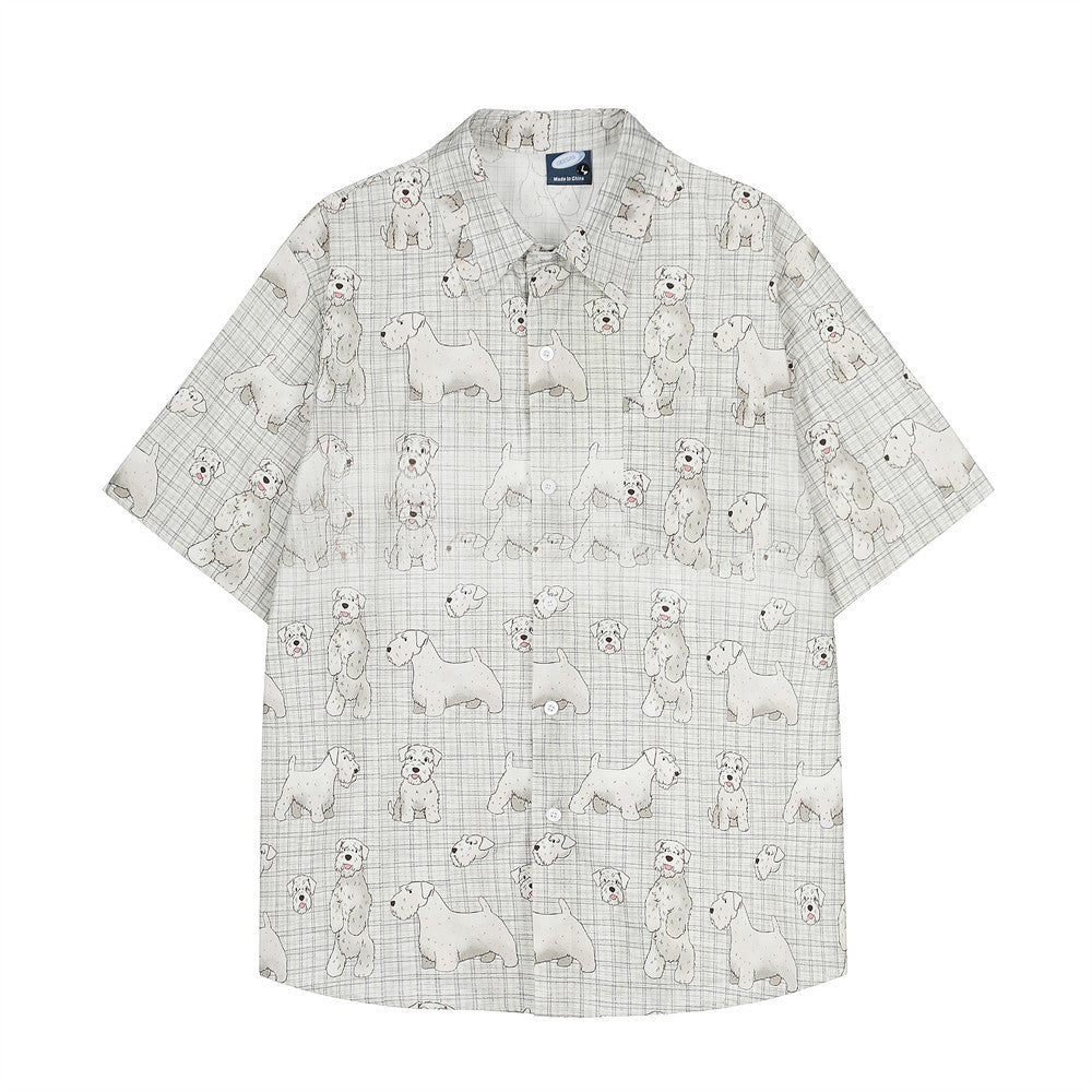 Digital Full Print Cartoon Dog Plaid Short Sleeve Shirt