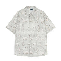 Digital Full Print Cartoon Dog Plaid Short Sleeve Shirt