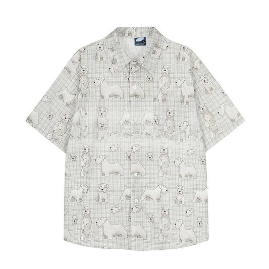 Digital Full Print Cartoon Dog Plaid Short Sleeve Shirt Loose Casual Turn-Down Collar Summer Shirt for Men