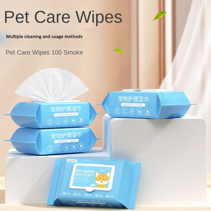 Purrfect Pet Kingdom 100ct blue pet grooming wipes. Stacked packs with a white wipe and cute dog illustration.