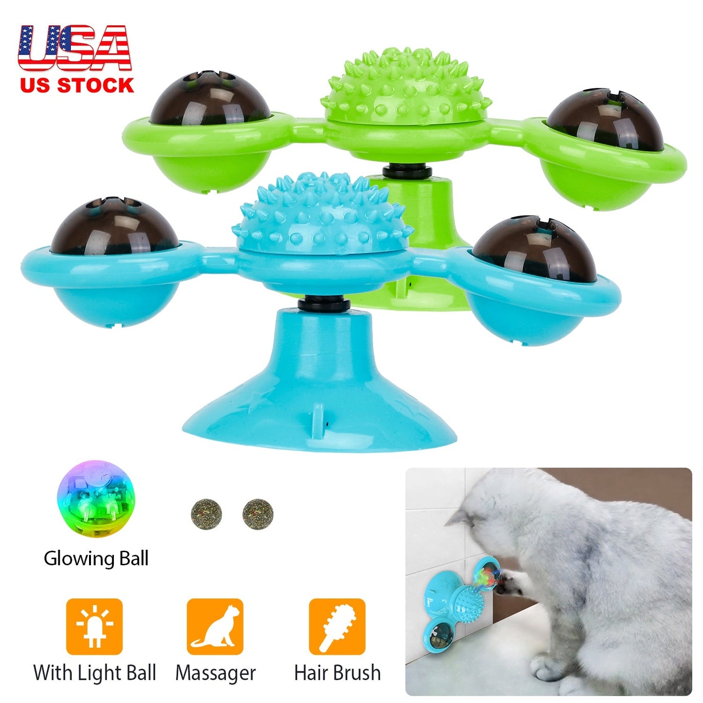 Windmill Cat Toy Turntable Interactive Teasing Pet Toy Wall Mount Turning Tickle Scratch Hair Brush Cat Toy with Catnip Light Ball