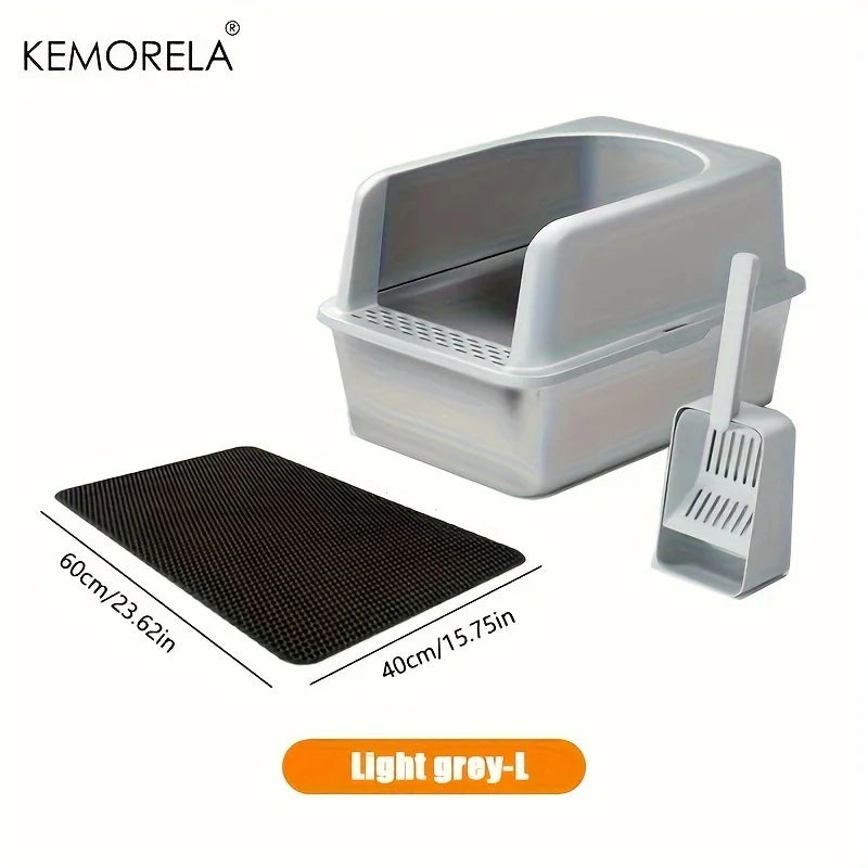 Stainless Steel Litter Box With Litter Mat And Litter Spade Lid High Side Suitable For Large Cats Closed Litter Tray With Spoon