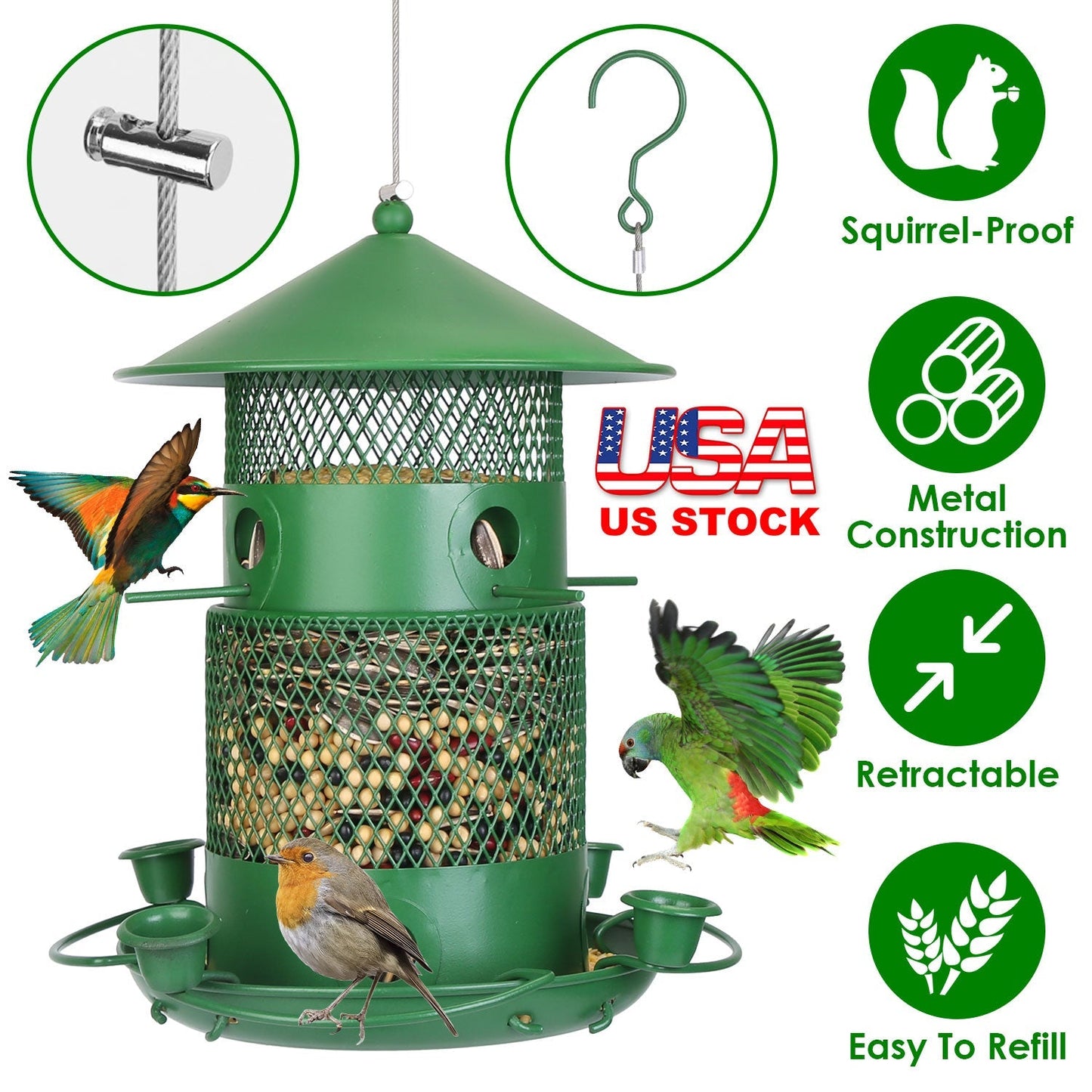 Wild Bird Feeder Squirrel-Proof Chew-Proof Metal Bird Seed Feeder Outdoor Hanging Bird Feeder With 360¡ Circular Perches Water Cups For Yard Garden Pa
