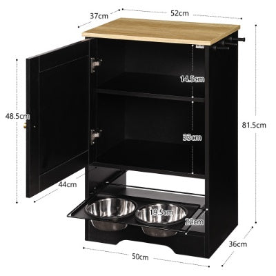 Purrfect Pet Kingdom black elevated station with wood top, cabinet storage, and pull-out stainless steel bowls.
