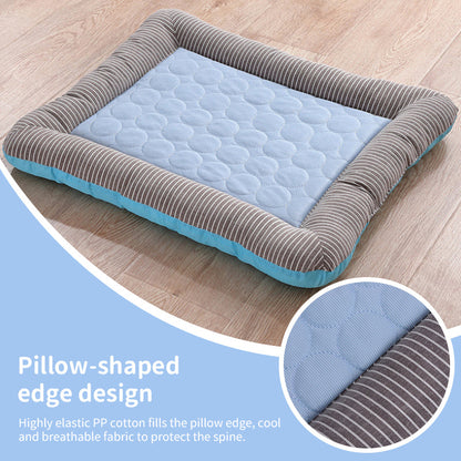 Blue ice silk cooling pet mat with a quilted center and grey striped raised pillow-shaped edges.