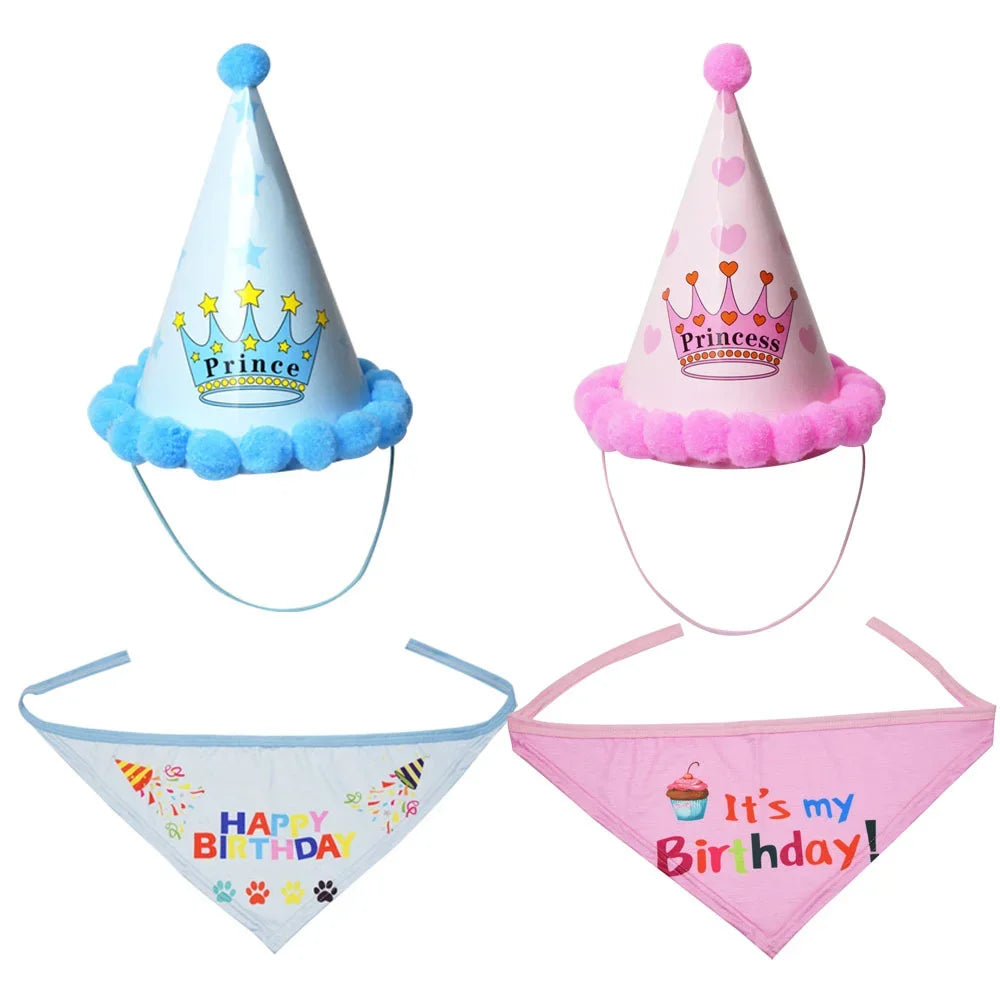 2Pcs/Set Dog Hat Bib Dog Birthday Bandana Scarf Adjustable Bandana Neckerchief Cat Dog Birthday Bib Hat Pet Supplies