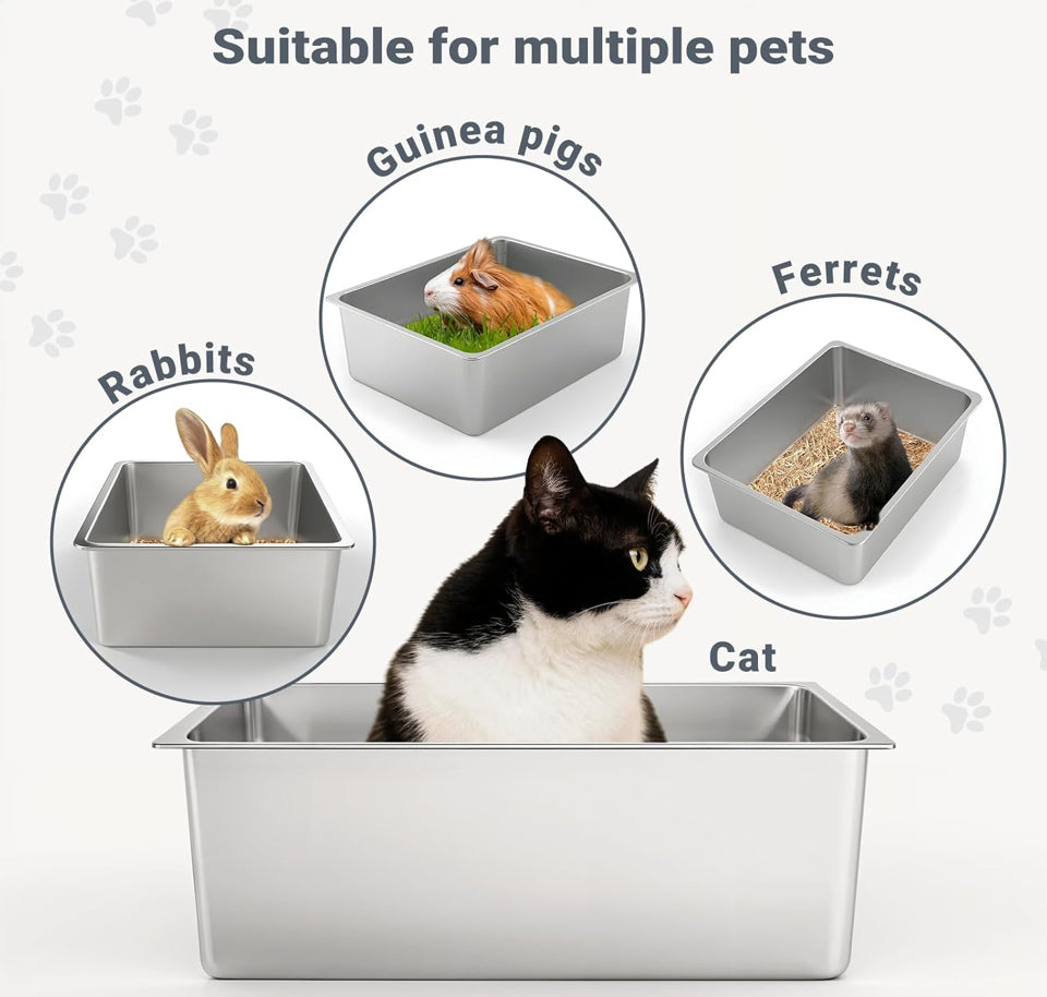 Open Box Kirecoo Stainless Steel Cat Litter Box XL- Metal High Sided Cat Pan, Large Stainless Steel Box, Indoor Litter Tray, Non Stick, No Smell, Easy
